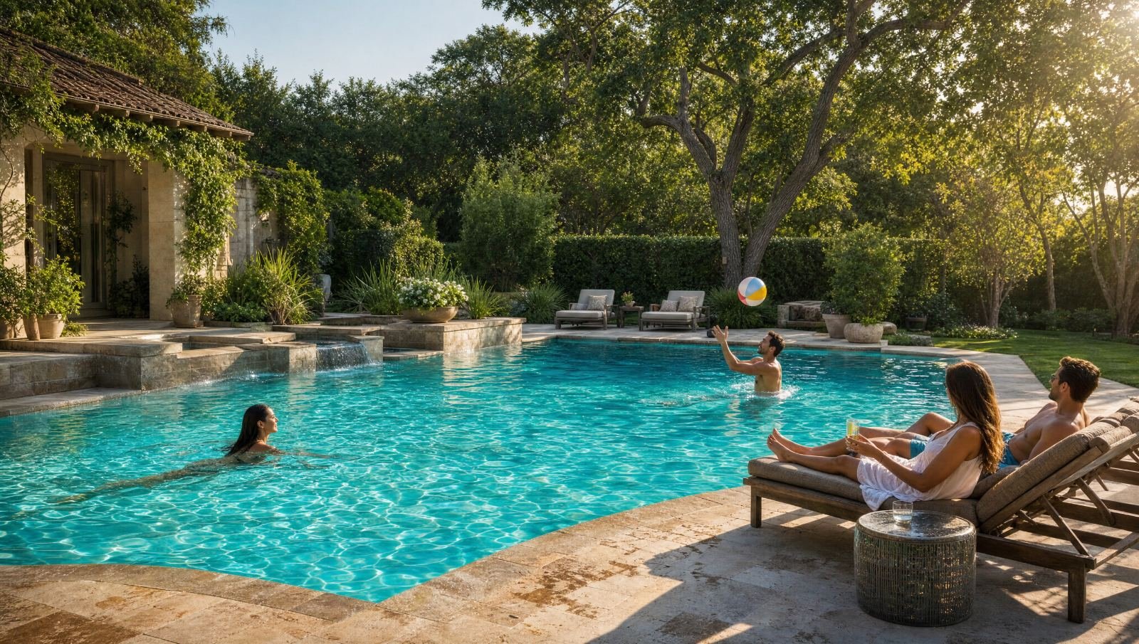 Family enjoying a clean, sparkling backyard pool